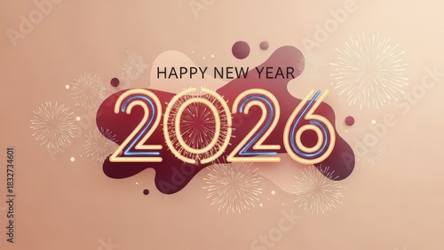 Happy New Year 2026 neon numbers with fireworks celebration