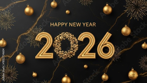 Golden Happy New Year 2026 with luxury ornaments on black marble