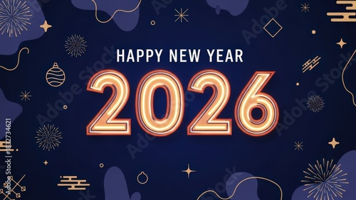 Happy New Year 2026 with neon numbers and festive background