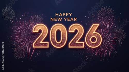 Happy New Year 2026 with golden sparkling text and fireworks