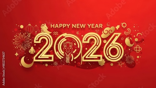 Golden 2026 New Year text with festive elements on red background