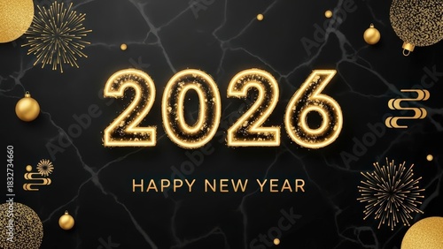 2026 Happy New Year golden text with festive ornaments on black marble