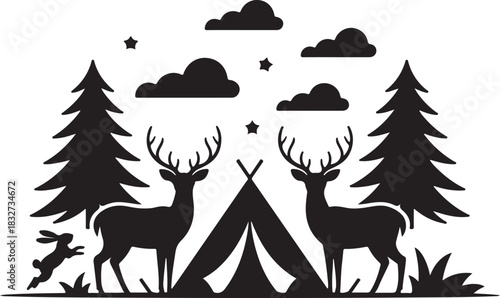 silhouette illustration featuring a deer standing gracefully beside a cozy camping scene