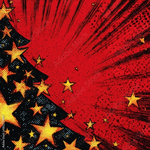 Abstract comic book style Christmas background with starry tree on dynamic red backdrop
