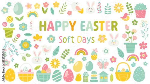 Happy easter soft days collection of cute illustrations including colorful eggs bunnies flowers rainbows and birds perfect for spring holiday decorations and designs