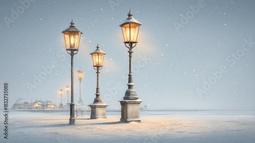 Atmospheric winter illustration of glowing vintage streetlamps amidst heavy falling snow