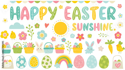Happy easter sunshine celebration with cute chicks bunnies colorful eggs baskets flowers rainbow and sun illustration for spring holidays