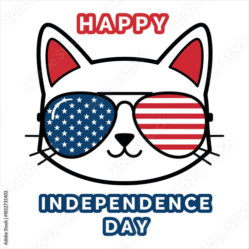 Stylized cartoon white cat head celebrating independence day isolated on white background