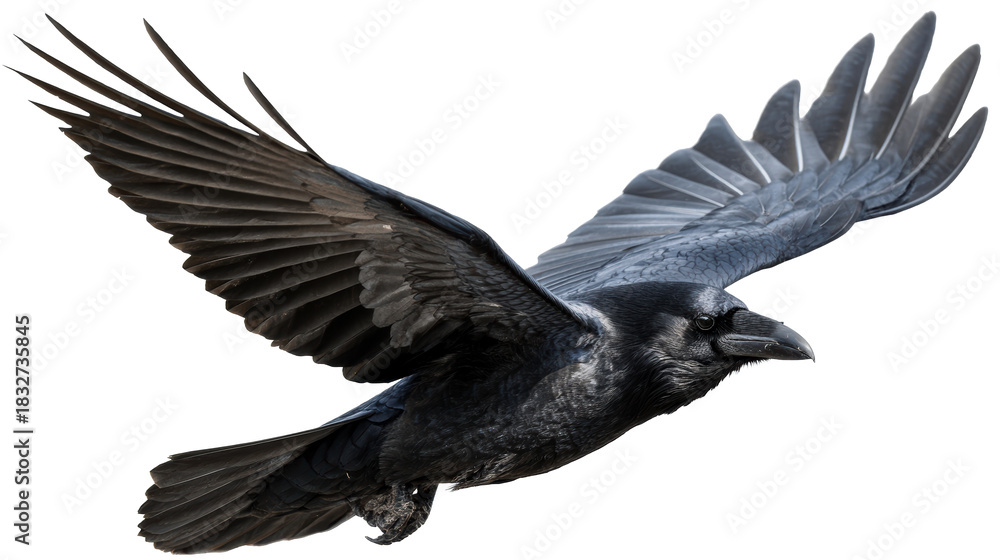 Fototapeta premium A black raven in midflight with wings spread wide, captured in a dynamic pose, perfect for themes of nature, wildlife, and freedom for use in editorial and design projects.
