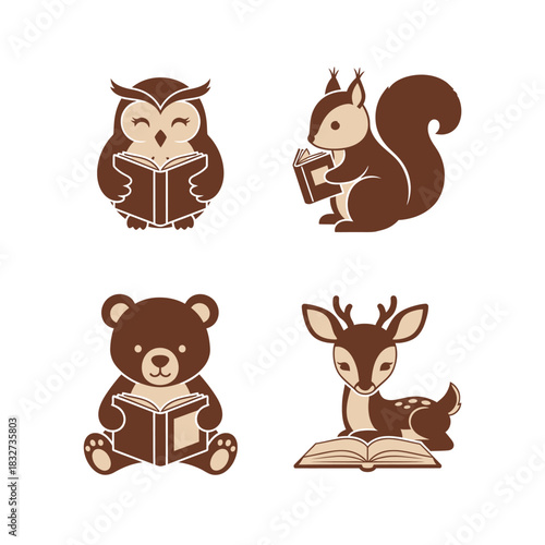 Cute Forest Animals Reading Books Illustration.