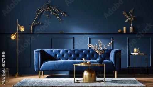 Elegant Living Space: A beautifully furnished living room radiates sophistication with a plush blue sofa, a stylish lamp, and complementary decor. Its a harmonious blend of textures and colors.