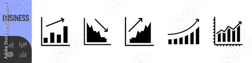 Business data charts. Diagrams and graphs. Business data market elements, statistic and data, infographics business, money, down or up, analytic report. Set of financial marketing black diagrams