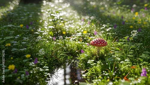 Fototapeta Naklejka Na Ścianę i Meble -  Amanita mushroom in a lush meadow with wildflowers and sparkling water droplets