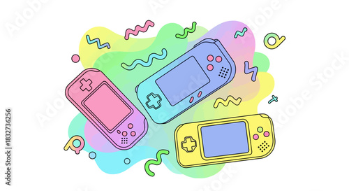 Nostalgic handheld gaming devices illustration featuring vibrant colors and abstract shapes, perfect for playful retro entertainment and digital leisure designs