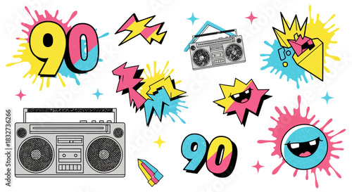 Retro 90s Pop Culture Elements Featuring Boombox, Numbers, and Bright Explosions