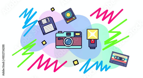 Creative flat design vector illustration of nostalgic analog technology from the eighties and nineties, with a camera and storage media