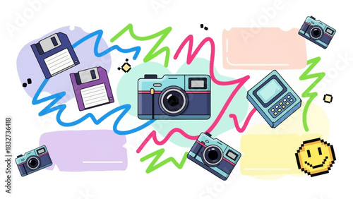 Colorful retro technology collage with vintage cameras, floppy disks, and classic electronic devices, capturing the essence of digital nostalgia and design history