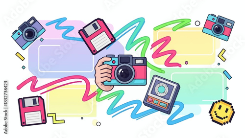 Nostalgic Tech Icons Retro Cameras, Floppy Disks & Pixel Art Background