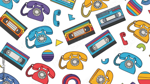 Colorful seamless pattern of retro rotary telephones and VHS tapes from the 80s and 90s, a nostalgic vintage technology background