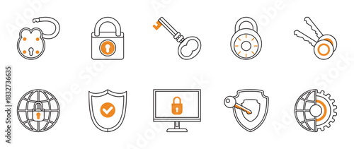Security and Protection Outline Icons Set. collection of 10 security-themed icons designed with black outlines and strong orange accents.