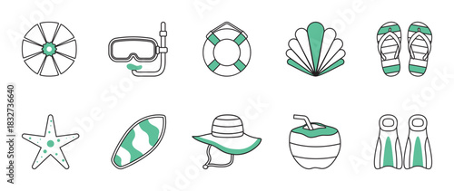 Ocean and Water Activities Line Icons Set. A set of 10 icons for beach and water activities, featuring black outlines and cool teal accents.