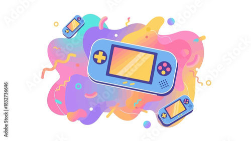 Colorful Illustration of Portable Game Consoles with Abstract Shapes