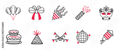 Party and Celebration Outline Icons Set. A festive collection of 10 celebration icons featuring black outlines and bright red accents.