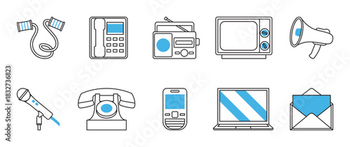 Communication and Media Line Icons Set. A set of 10 modern communication icons featuring clean black line art and blue accents