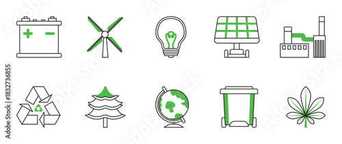 Ecology and Environment Outline Icons Set. collection of 10 sustainable and environment-themed icons with black outlines and fresh green accents.