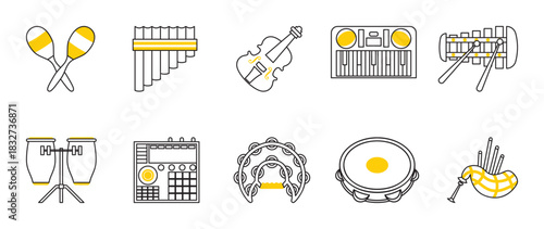 Percussion and Folk Musical Instruments Line Icons Set. A rhythmic set of 10 musical instrument icons with black outlines and bright yellow accents.