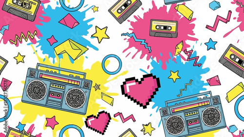Retro 80s Inspired Pop Art Pattern Featuring Boomboxes, Cassette Tapes, and Pixel Hearts