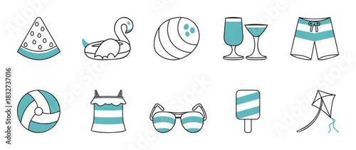 Summer Holiday and Beach Outline Icons Set. A fun set of 10 summer and beach-themed icons, featuring black outlines and refreshing teal accents.