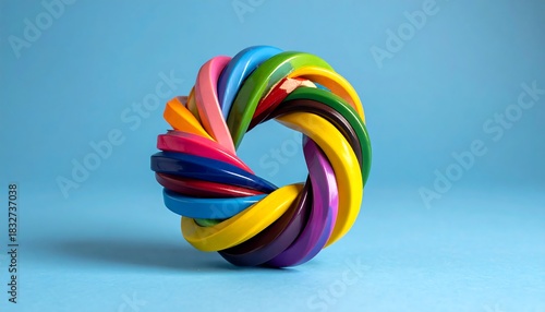 Colorful twisted pencil ring sits against a light blue background with faint shadows