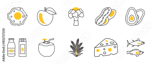 Breakfast and Healthy Food Line Icons Set. A collection of 10 food and nutrition icons with black outlines and warm yellow-orange accents.