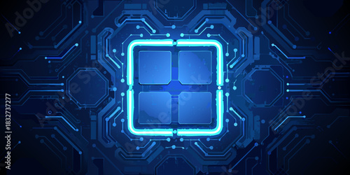Abstract blue circuit board with central processor unit for high tech background