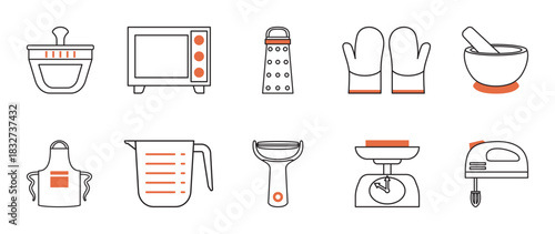 Kitchen and Cooking Utensils Line Icons Set. A functional set of 10 kitchen and cooking icons with black outlines and orange accents.