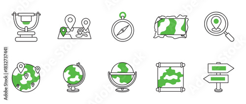 Navigation and Global Travel Line Icons Set. An adventurous set of 10 navigation and travel icons, featuring black outlines and vibrant green accents.
