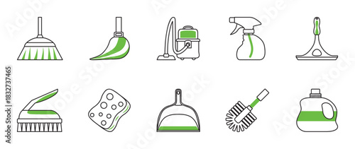 Cleaning and Housekeeping Line Icons Set. A functional set of 10 cleaning and housekeeping icons with black outlines and green accents.