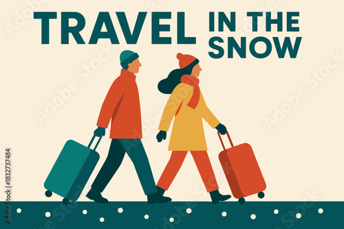 Winter Travel Adventure. Couple traveling with suitcases in snow. Modern minimalist poster banner, bold