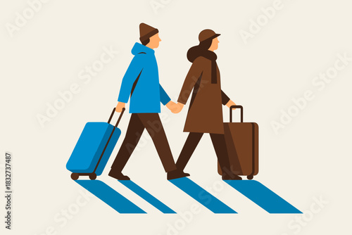 Winter Travel Adventure. Couple traveling with suitcases in snow. geometric sans heavy, flat fills, long