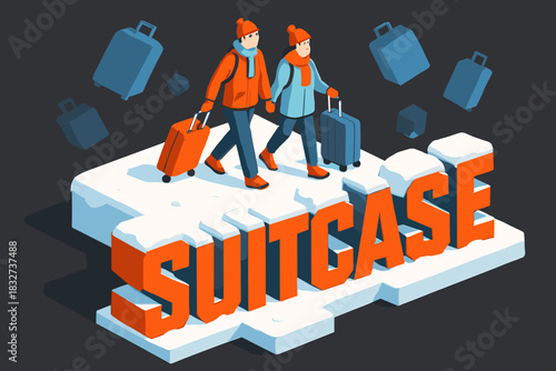 Winter Travel Adventure. Couple traveling with suitcases in snow. isometric 3D lettering, bold blocky suitcase