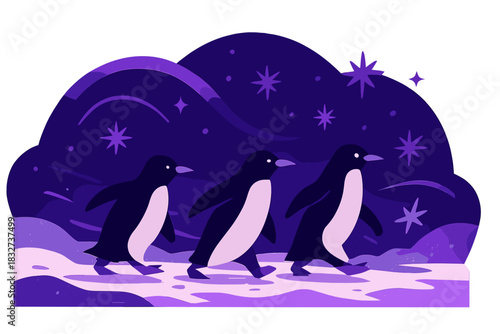 Penguins on Ice. Frozen march. Penguins traverse snow-covered ice, floating light arcs and abstract spark