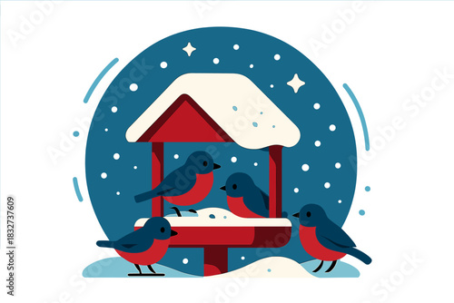 Snowy Bird Feeder Delight. Frozen feeder vignette. Close-up of a snow-covered feeder with small birds, tiny