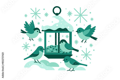 Winter Bird Gathering. Holiday bird feeder. Small birds gather around a snow-covered feeder, snowflakes drift
