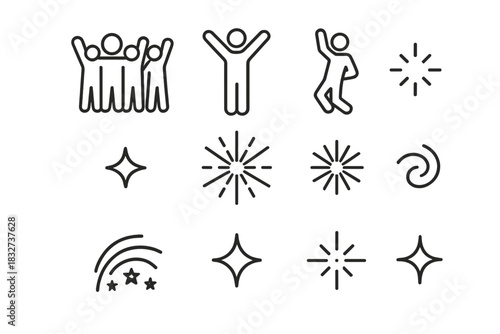 Silhouettes Celebrating Fireworks. Silhouettes celebrating under fireworks. Line outline icon set of