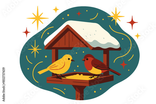 Winter Bird Feeder. Frosty morning feeder. A wooden bird feeder with snow, tiny birds feeding, abstract spark