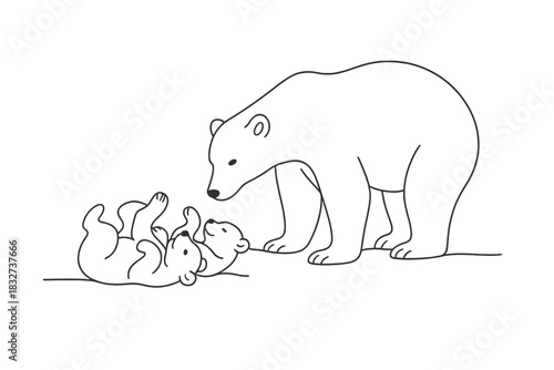 Polar Bear Family. Cub play in Arctic. Minimalistic one-line drawing two polar bear cubs rolling in snow near