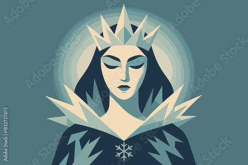 Winter Sorceress Elegance. Winter sorceress portrait minimalist flat illustration of a queen with sharp