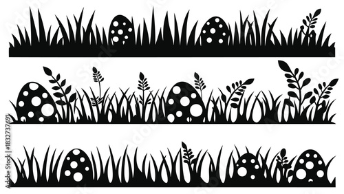 Black silhouette borders featuring easter eggs hidden in grass and foliage for spring holiday decorations and designs