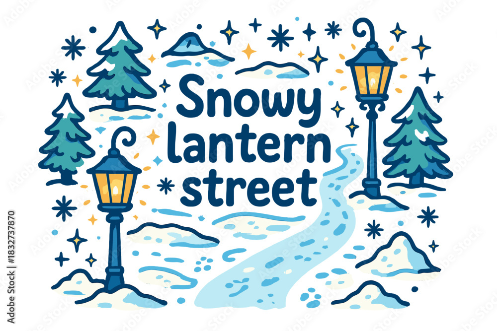Naklejka premium Snowy Lantern Street. Snowy lantern street. Hand-drawn doodle illustration of Snowy lantern street. glowing